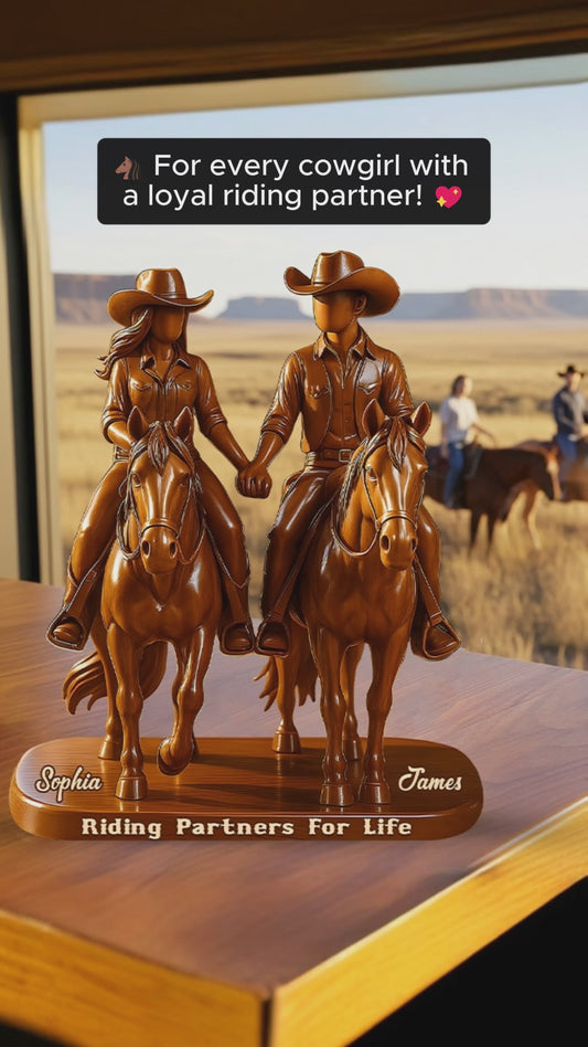 Partenaires de chevauchée pour la vie - Plaque acrylique personnalisée en forme de cowgirl