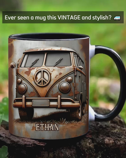 Vintage Camper Van Peace Symbol - Personalized Hippie Accent Mug