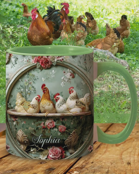 Mug personnalisé à motif floral vintage et poulet