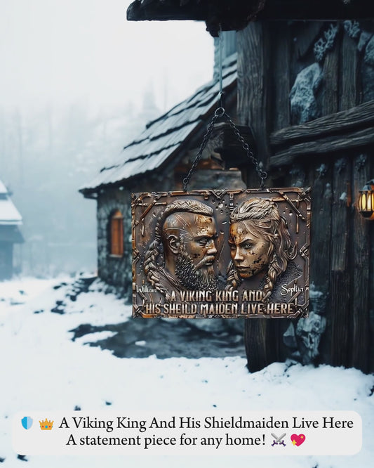 Un roi viking et sa guerrière vivent ici - Panneau métallique rectangulaire viking personnalisé