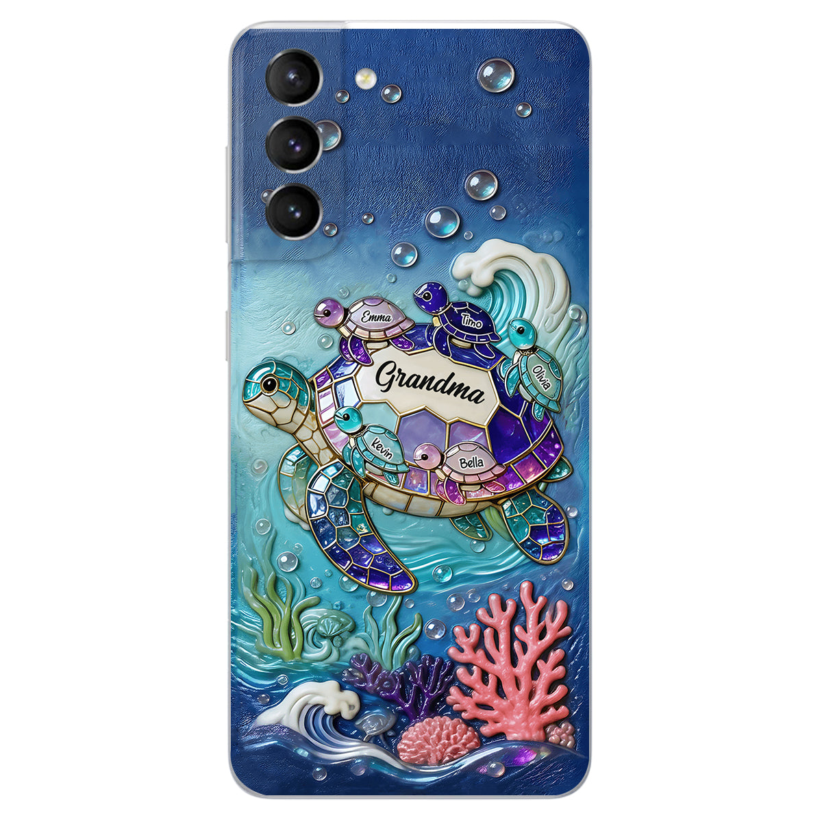 Grandma Turtle - Personalized Turtle 3D Embossed Leather Phone Case