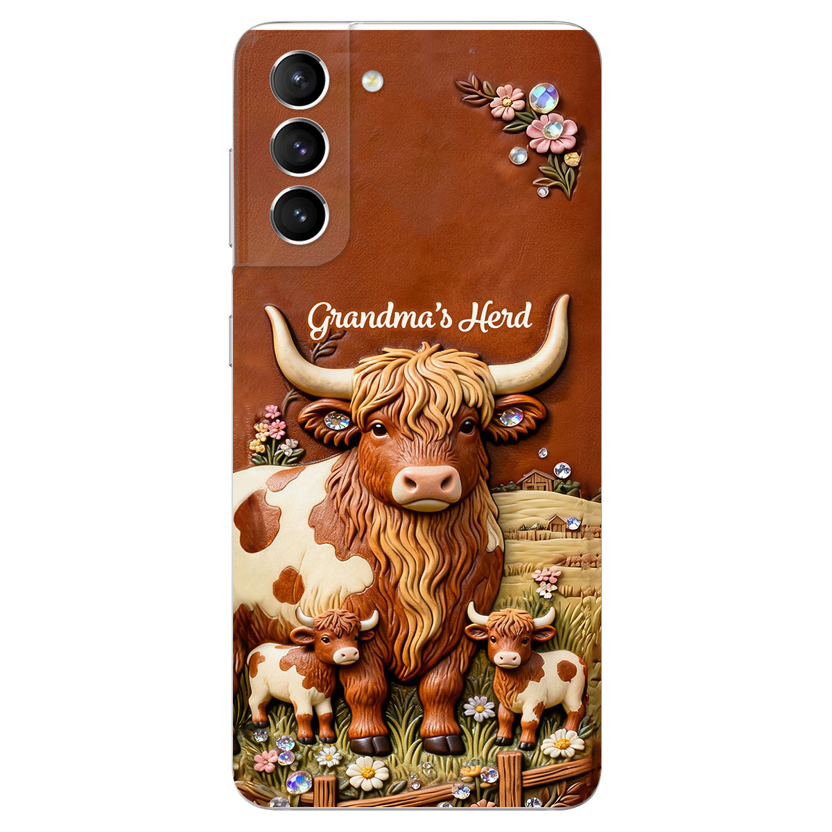 Grandma's Herd - Personalized Highland Cow 3D Embossed Leather Phone Case