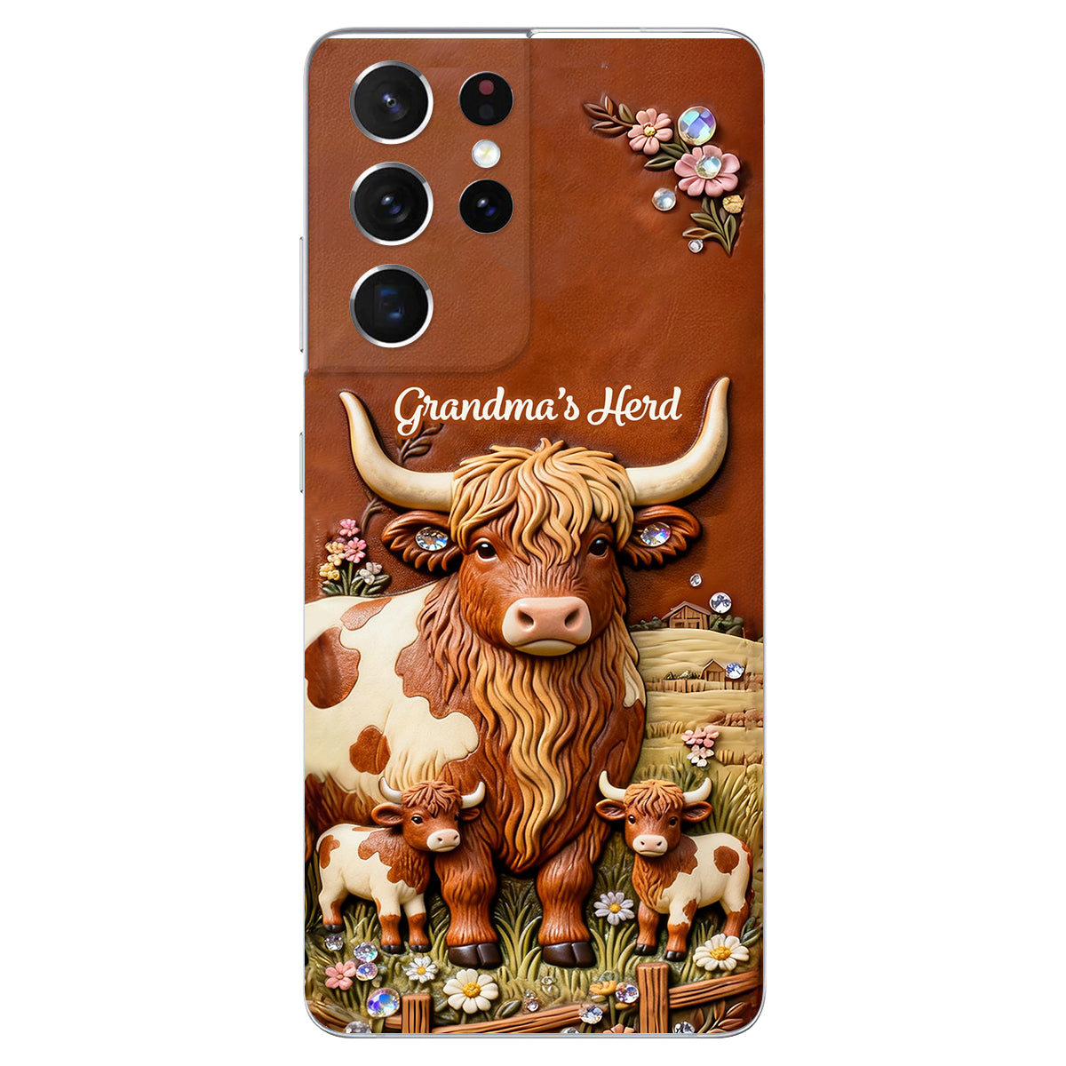 Grandma's Herd - Personalized Highland Cow 3D Embossed Leather Phone Case