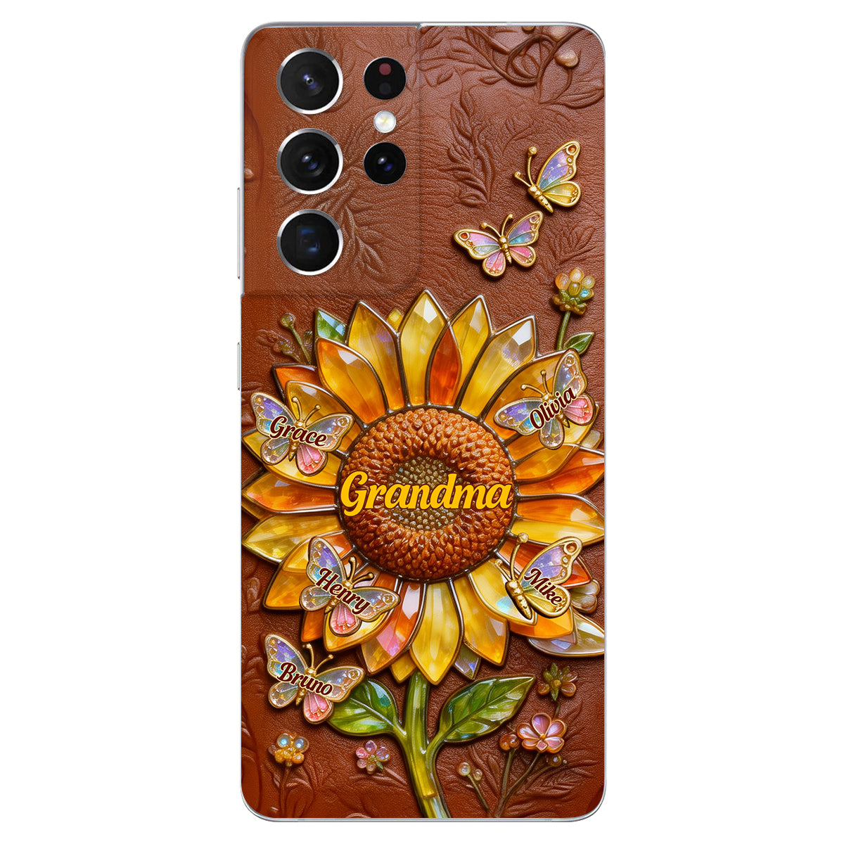 Grandma Sunflower - Personalized Grandma 3D Embossed Leather Phone Case