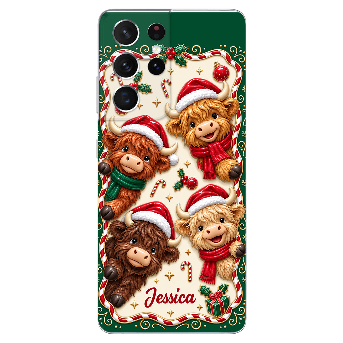 Merry Christmas Cute Highland Cows - Personalized Highland Cow 3D Embossed Leather Phone Case