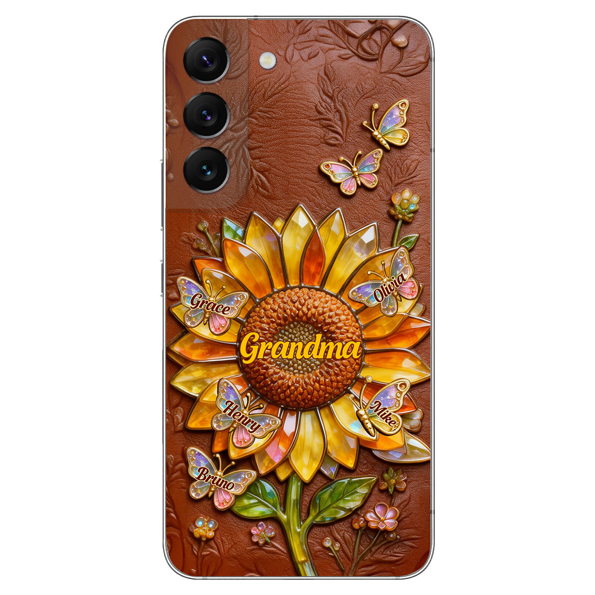 Grandma Sunflower - Personalized Grandma 3D Embossed Leather Phone Case