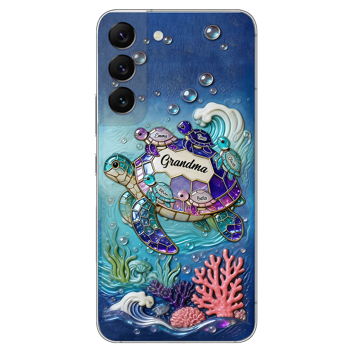 Grandma Turtle - Personalized Turtle 3D Embossed Leather Phone Case