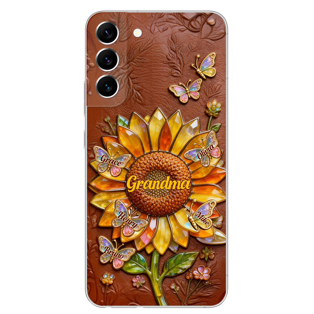 Grandma Sunflower - Personalized Grandma 3D Embossed Leather Phone Case