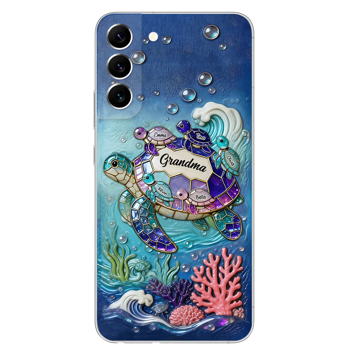 Grandma Turtle - Personalized Turtle 3D Embossed Leather Phone Case