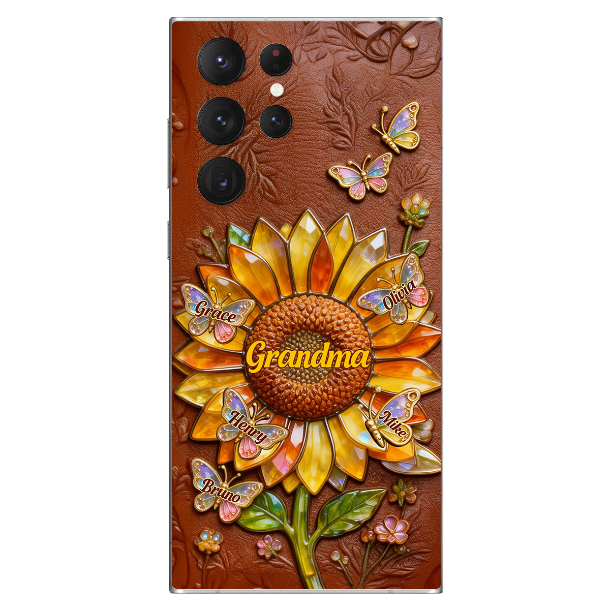 Grandma Sunflower - Personalized Grandma 3D Embossed Leather Phone Case
