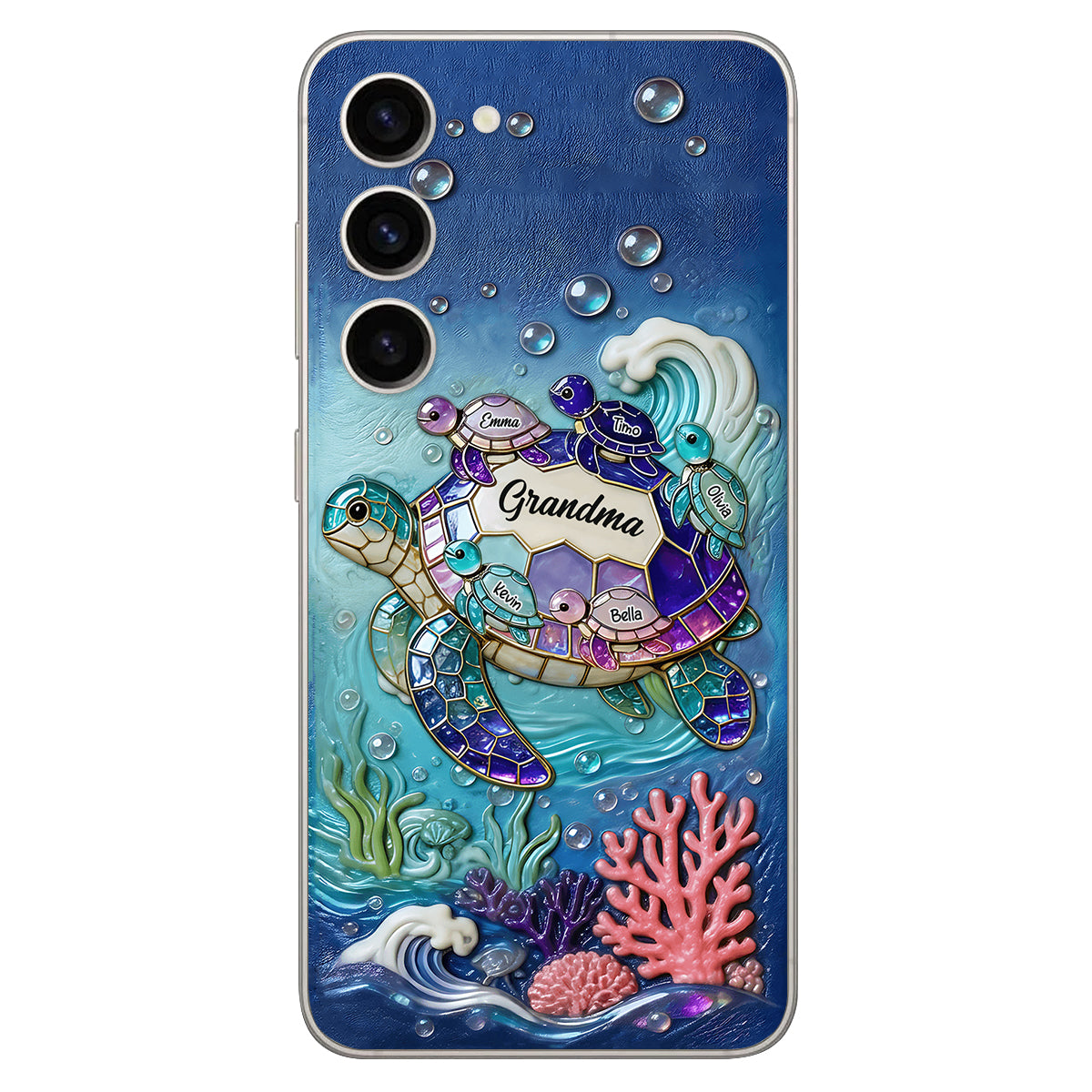 Grandma Turtle - Personalized Turtle 3D Embossed Leather Phone Case