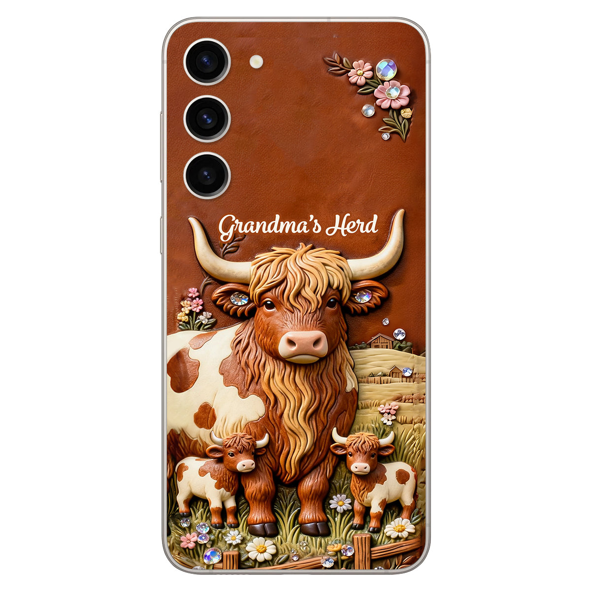 Grandma's Herd - Personalized Highland Cow 3D Embossed Leather Phone Case