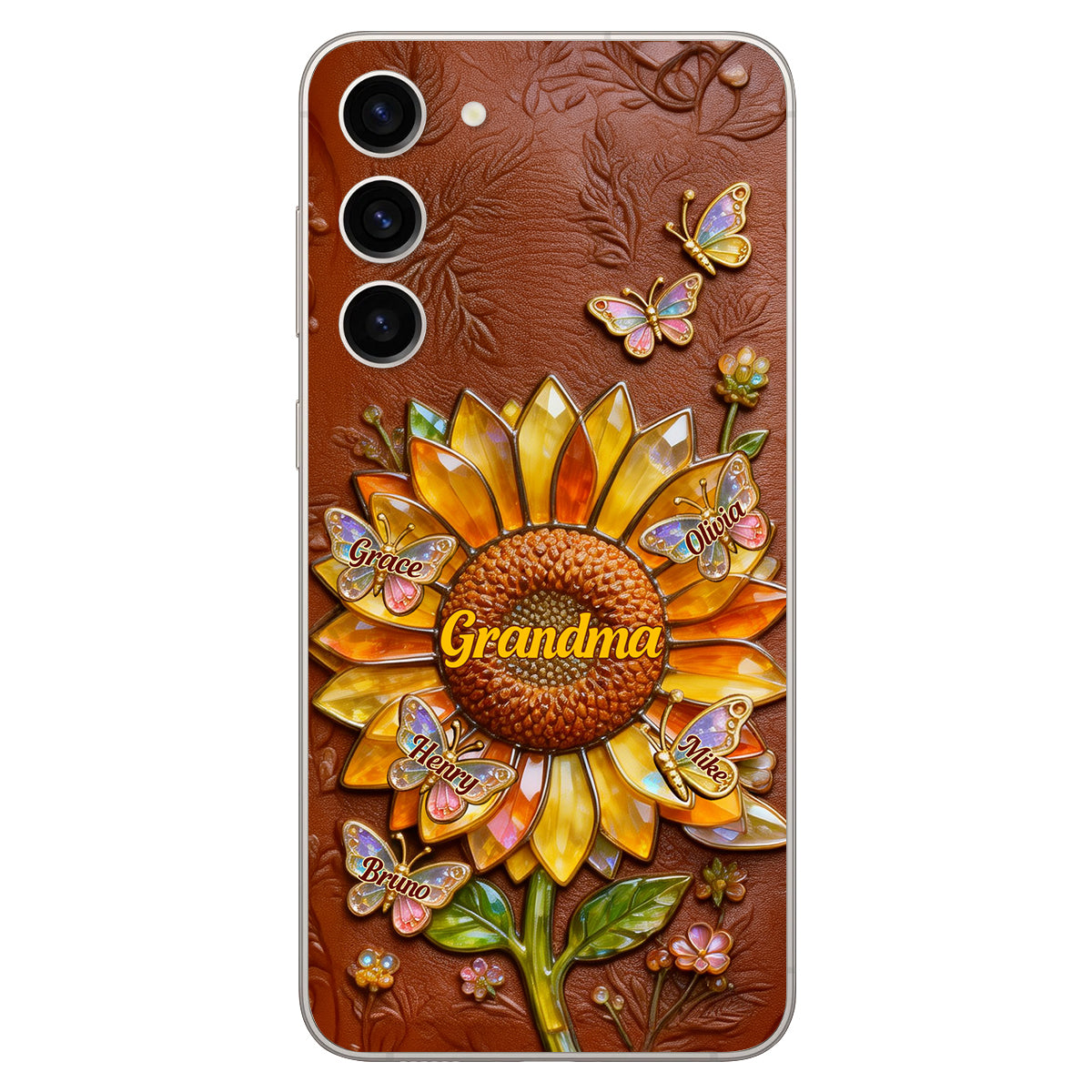 Grandma Sunflower - Personalized Grandma 3D Embossed Leather Phone Case