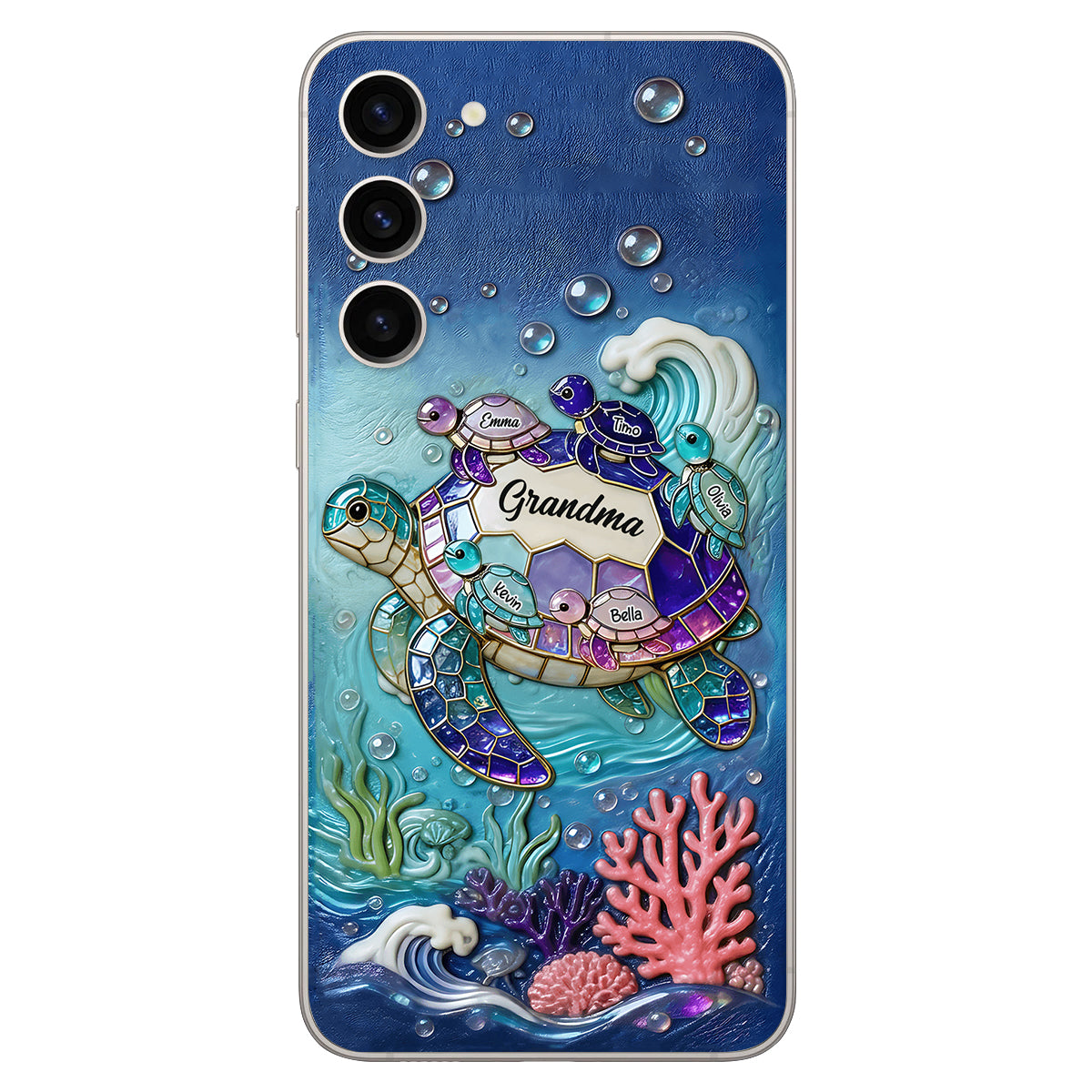 Grandma Turtle - Personalized Turtle 3D Embossed Leather Phone Case