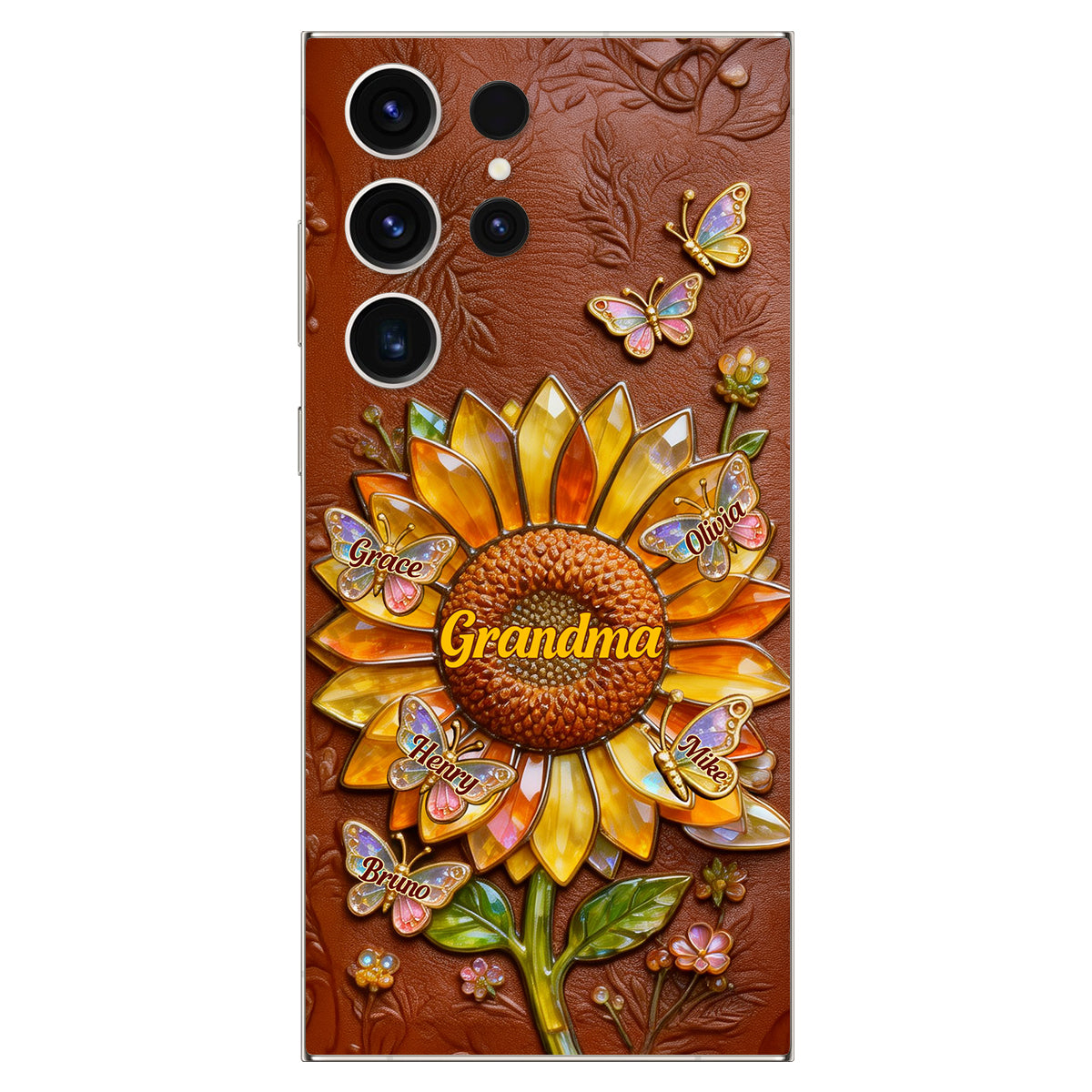 Grandma Sunflower - Personalized Grandma 3D Embossed Leather Phone Case