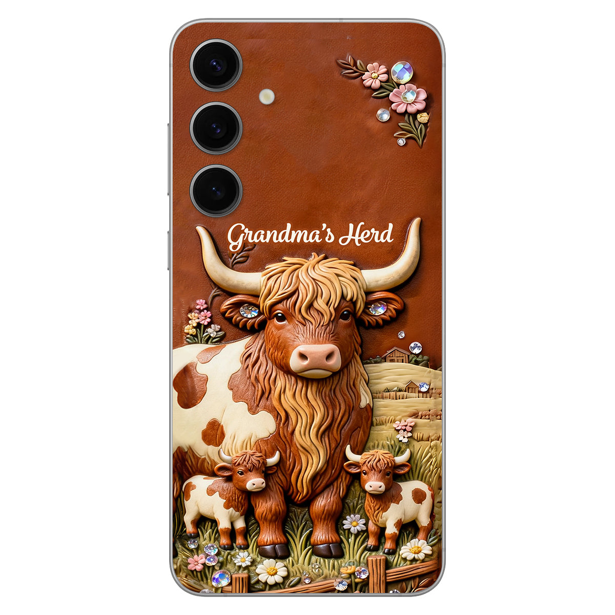 Grandma's Herd - Personalized Highland Cow 3D Embossed Leather Phone Case