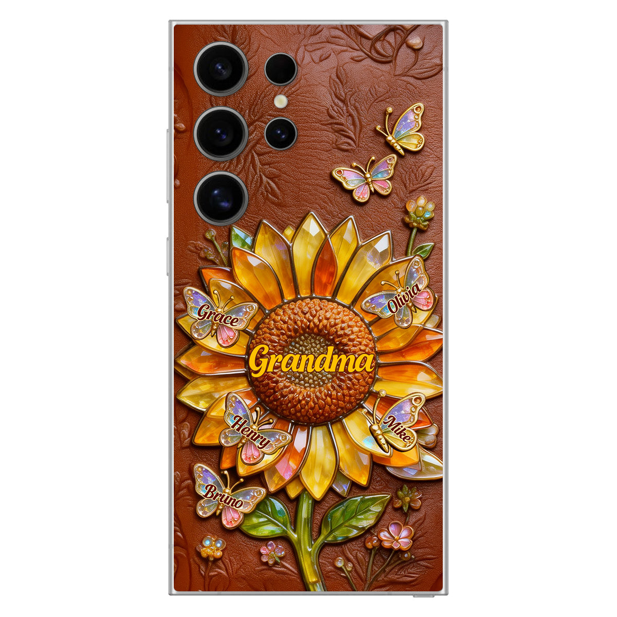 Grandma Sunflower - Personalized Grandma 3D Embossed Leather Phone Case