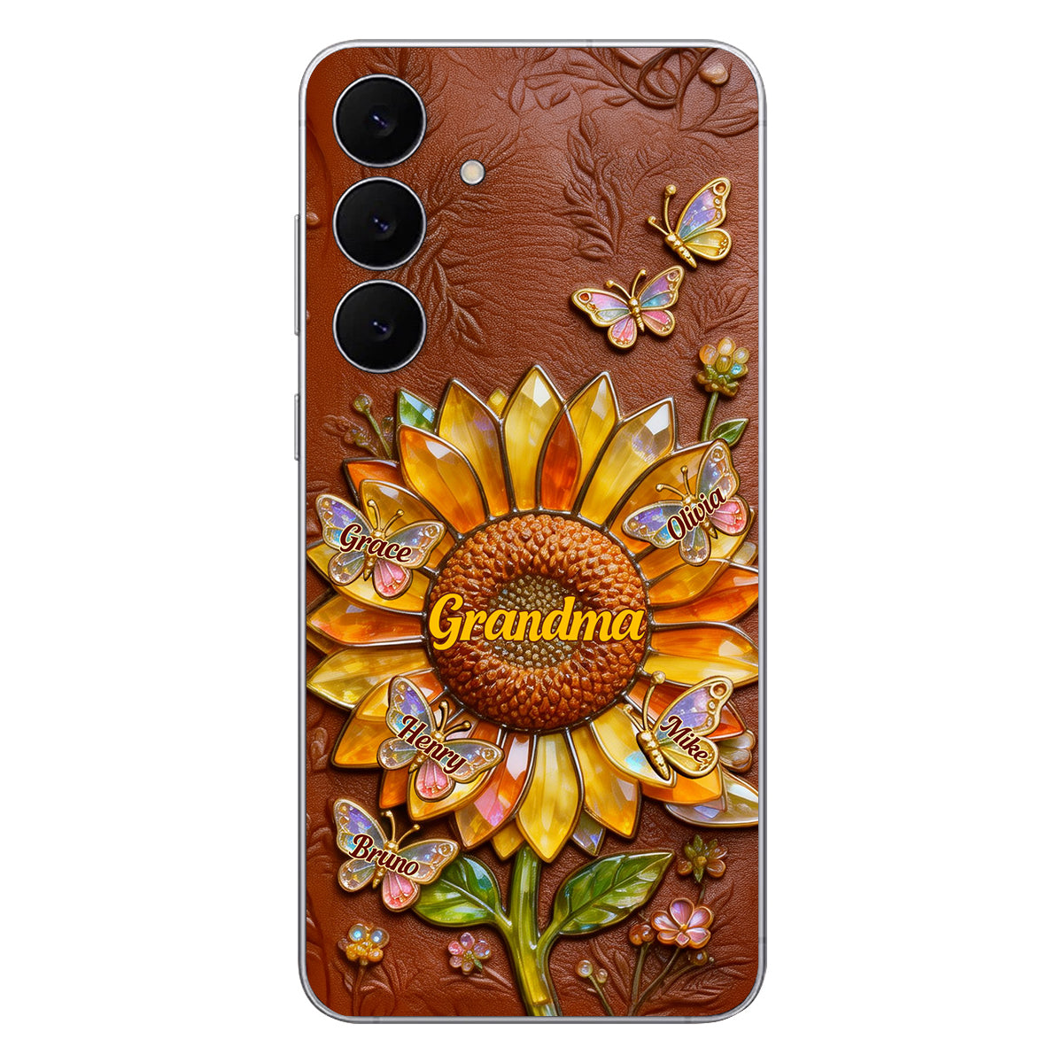 Grandma Sunflower - Personalized Grandma 3D Embossed Leather Phone Case
