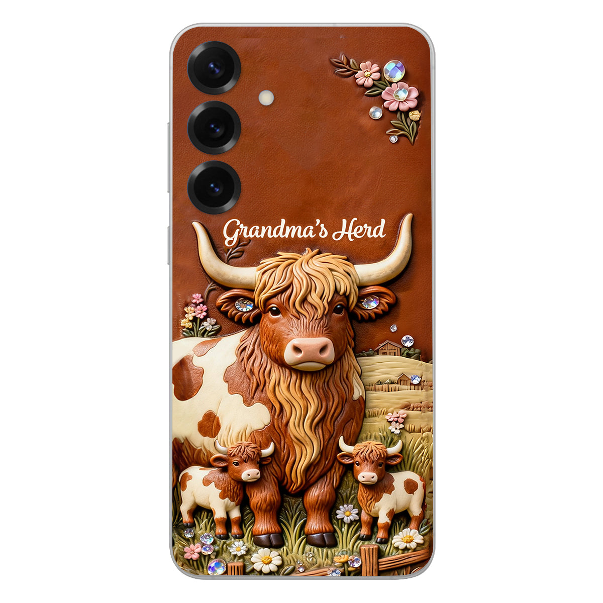 Grandma's Herd - Personalized Highland Cow 3D Embossed Leather Phone Case