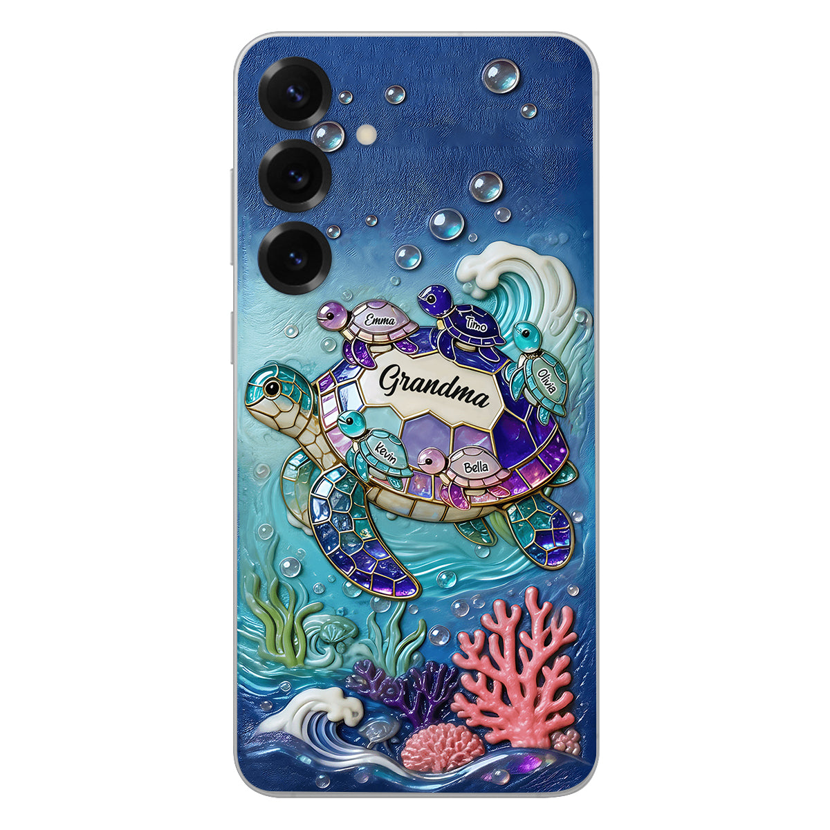 Grandma Turtle - Personalized Turtle 3D Embossed Leather Phone Case