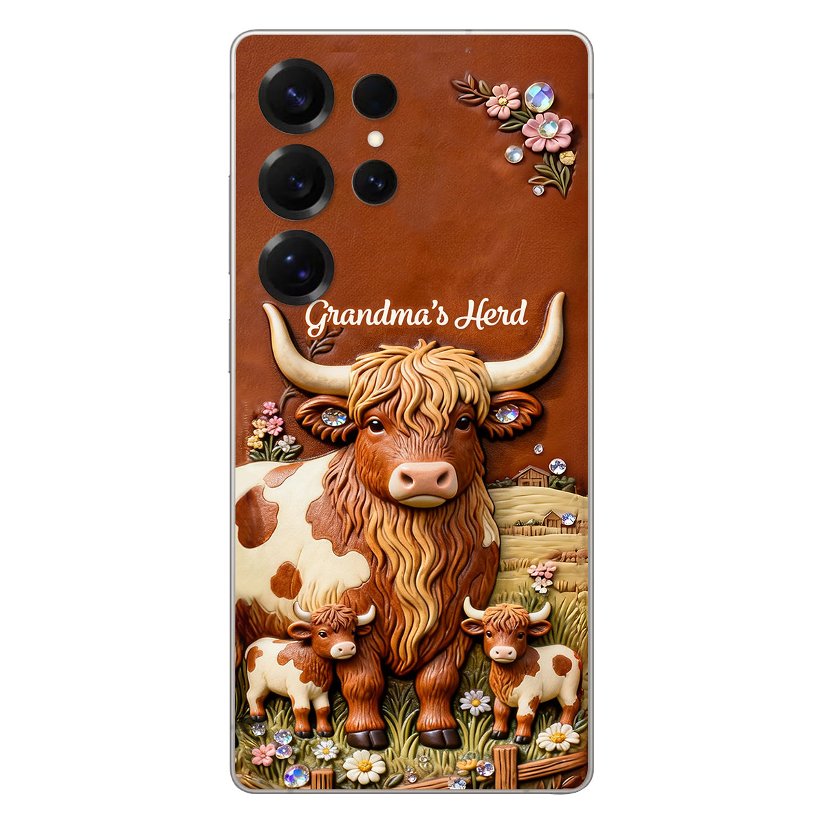 Grandma's Herd - Personalized Highland Cow 3D Embossed Leather Phone Case