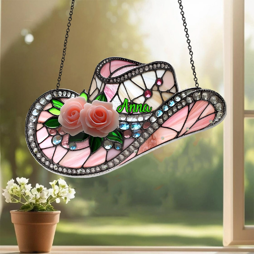 Pink Cowgirl Boots - Personalized Cowgirl Window Hanging Suncatcher With Charms