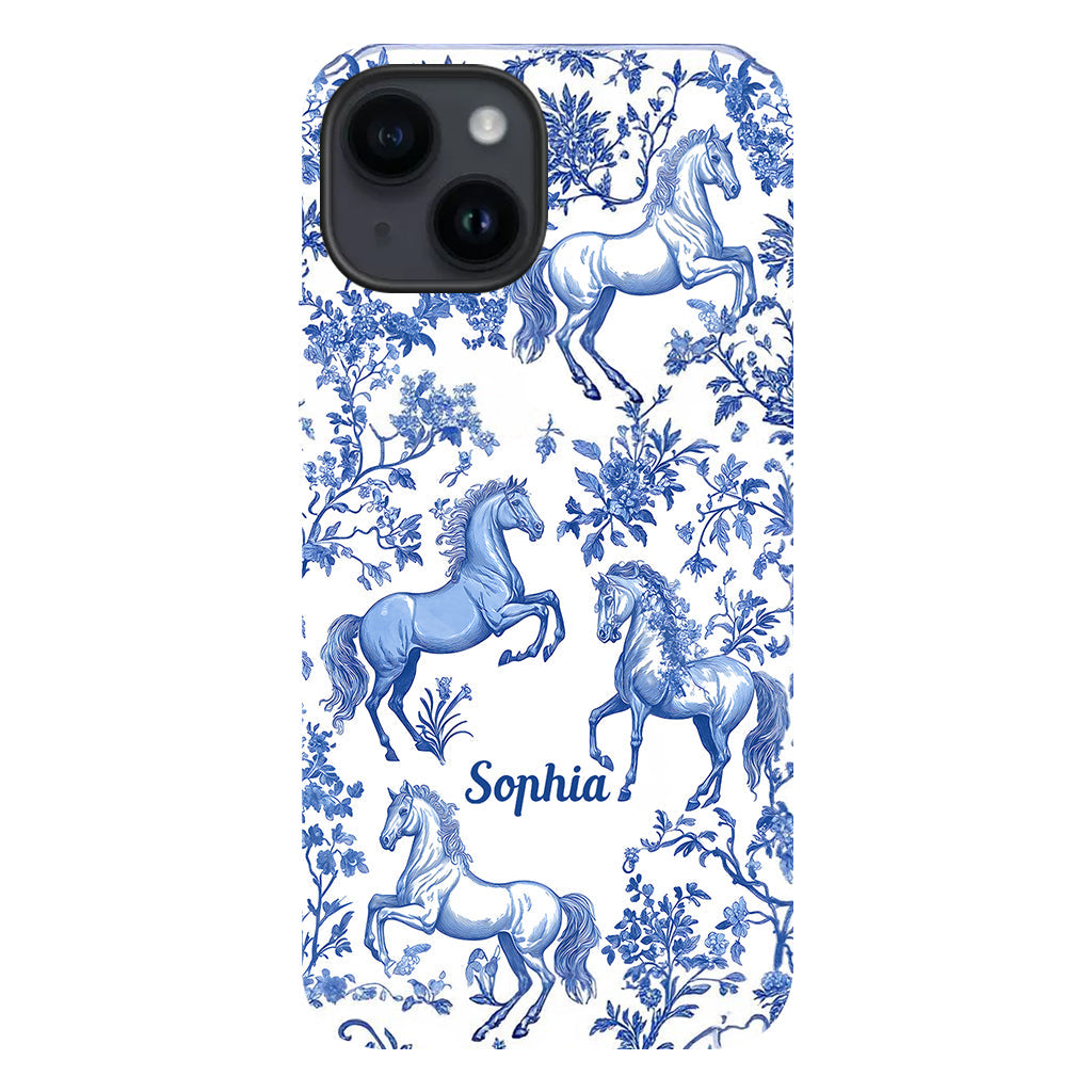 Coque de téléphone personnalisée avec motif cheval bleu et blanc Toile de Jouy - Coque de téléphone à motif cheval intégral