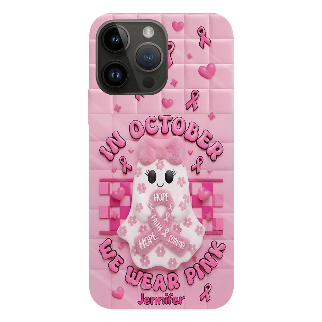 Coque de téléphone personnalisée avec un adorable fantôme et un message de sensibilisation au cancer du sein - Coque de téléphone imprimée intégralement pour la sensibilisation au cancer du sein