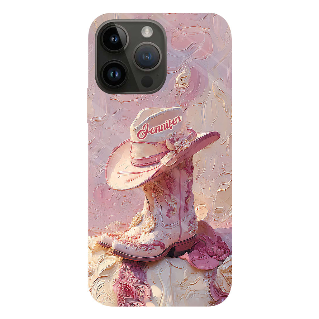 Coque de téléphone et support personnalisés « Cowgirl rose » avec imprimé intégral et support pour téléphone