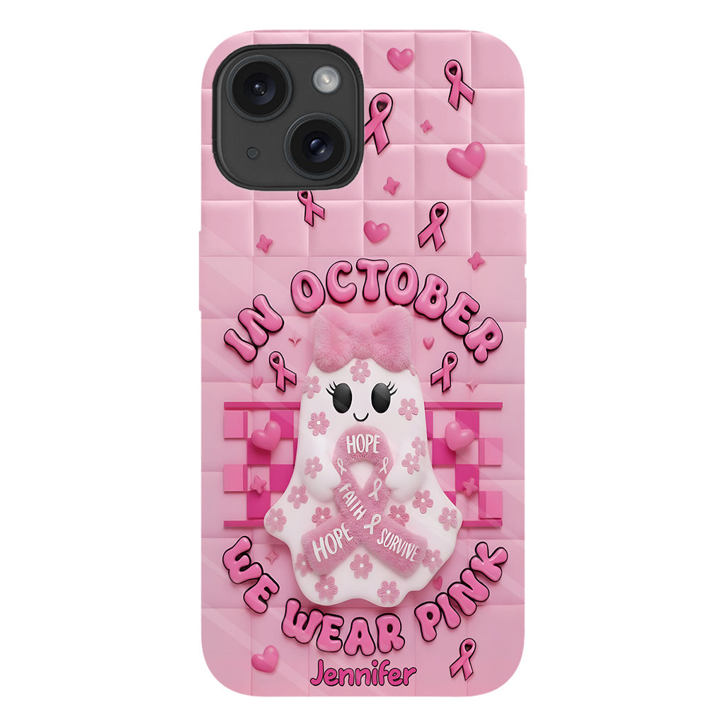 Coque de téléphone personnalisée avec un adorable fantôme et un message de sensibilisation au cancer du sein - Coque de téléphone imprimée intégralement pour la sensibilisation au cancer du sein
