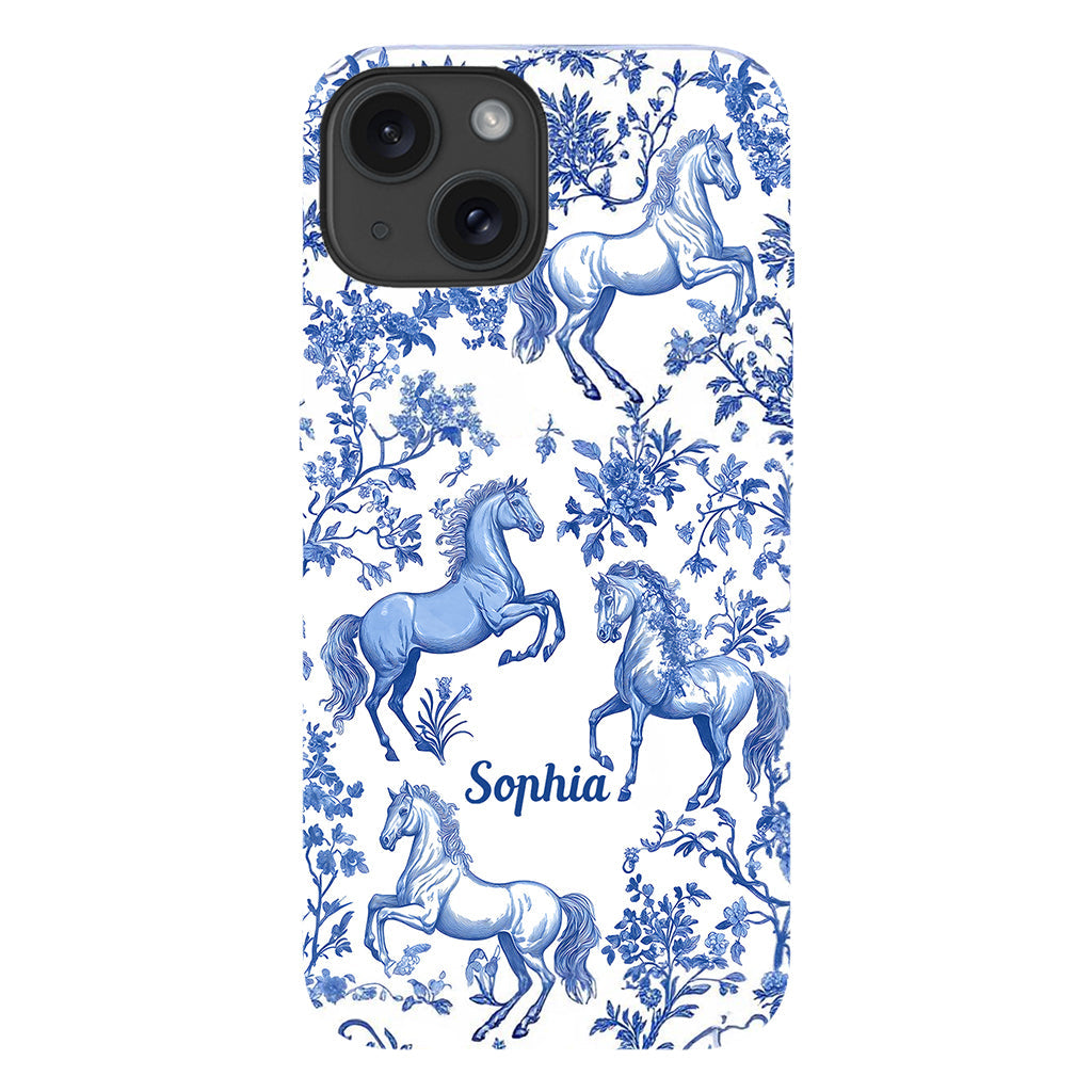 Coque de téléphone personnalisée avec motif cheval bleu et blanc Toile de Jouy - Coque de téléphone à motif cheval intégral