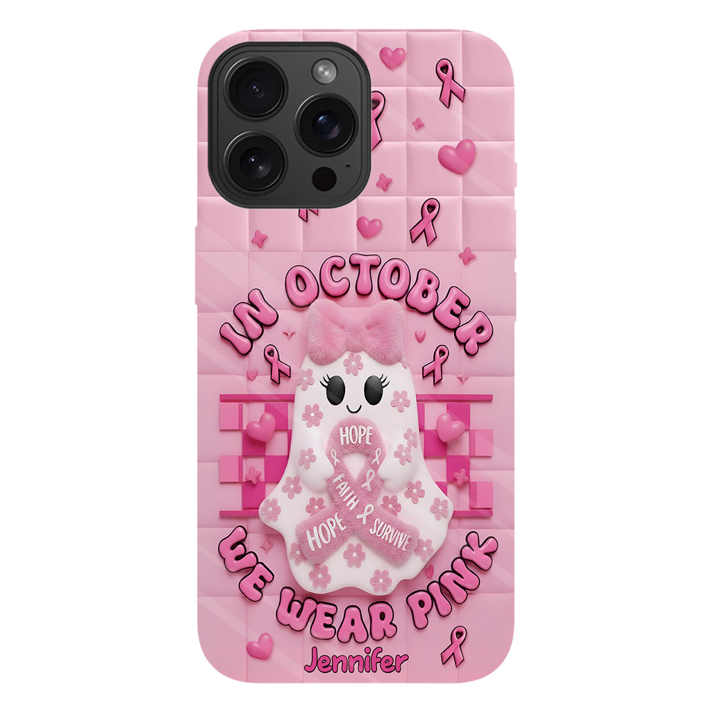 Coque de téléphone personnalisée avec un adorable fantôme et un message de sensibilisation au cancer du sein - Coque de téléphone imprimée intégralement pour la sensibilisation au cancer du sein
