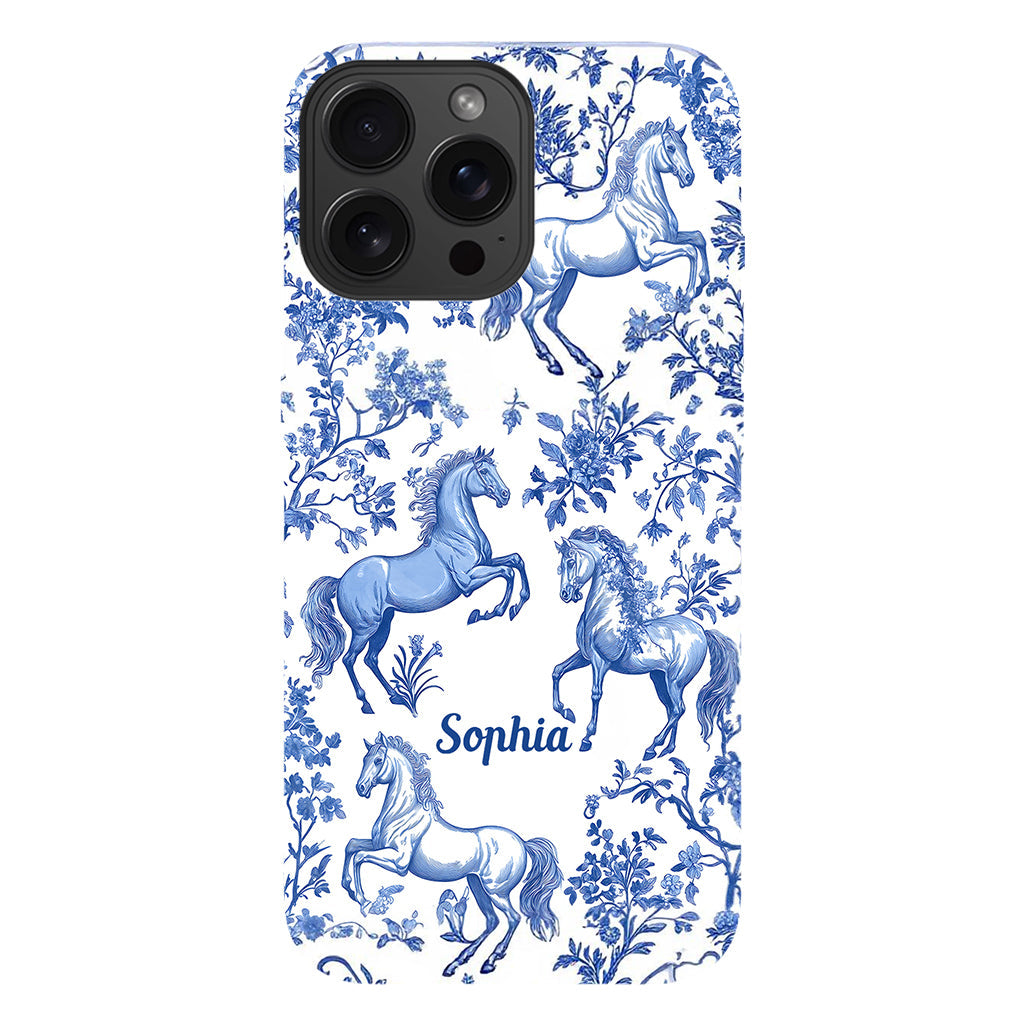 Coque de téléphone personnalisée avec motif cheval bleu et blanc Toile de Jouy - Coque de téléphone à motif cheval intégral