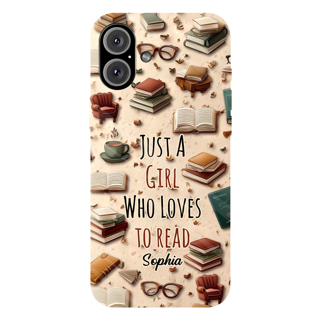 Coque de téléphone personnalisée « Juste une fille qui aime lire » avec un livre imprimé intégralement