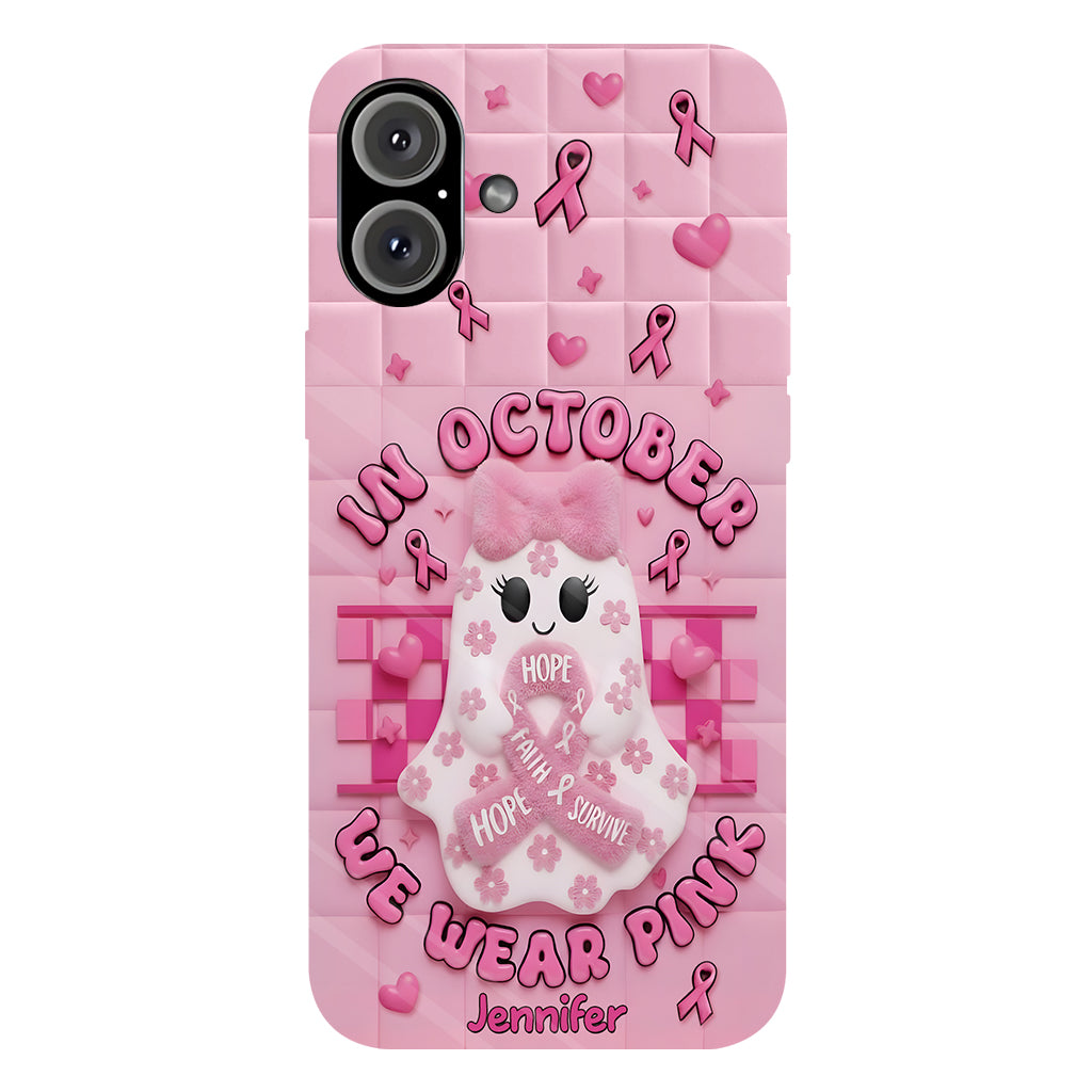 Coque de téléphone personnalisée avec un adorable fantôme et un message de sensibilisation au cancer du sein - Coque de téléphone imprimée intégralement pour la sensibilisation au cancer du sein