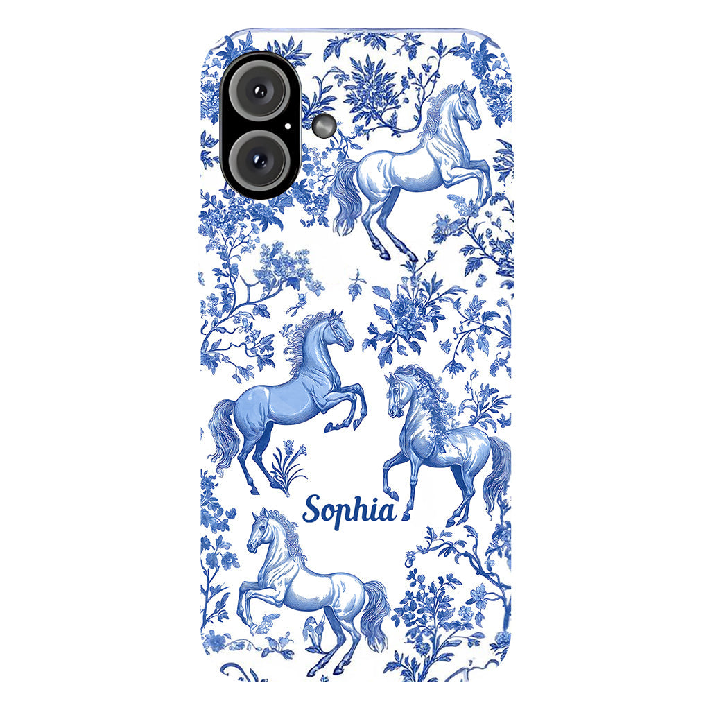 Coque de téléphone personnalisée avec motif cheval bleu et blanc Toile de Jouy - Coque de téléphone à motif cheval intégral