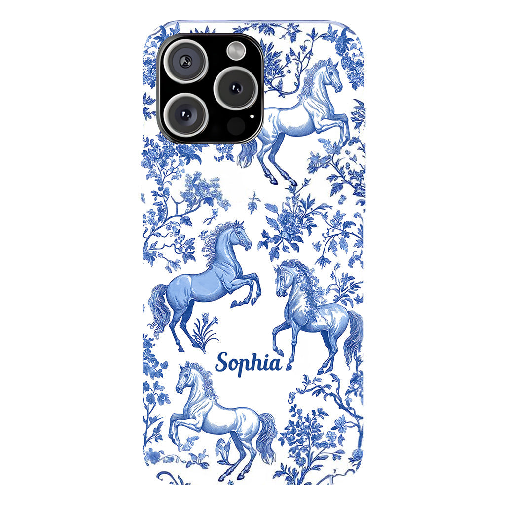 Coque de téléphone personnalisée avec motif cheval bleu et blanc Toile de Jouy - Coque de téléphone à motif cheval intégral
