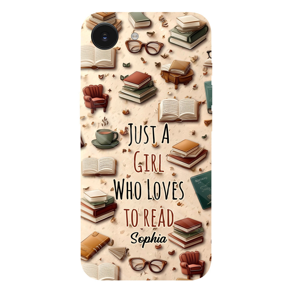 Coque de téléphone personnalisée « Juste une fille qui aime lire » avec un livre imprimé intégralement