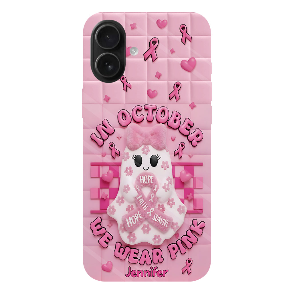 Coque de téléphone personnalisée avec un adorable fantôme et un message de sensibilisation au cancer du sein - Coque de téléphone imprimée intégralement pour la sensibilisation au cancer du sein