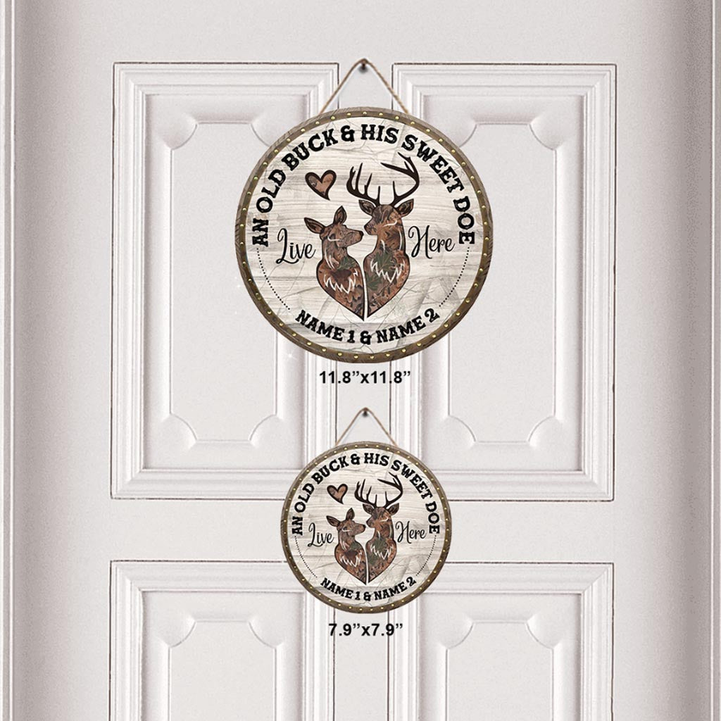 Panneau rond en bois personnalisé « Un vieux cerf et sa douce biche »