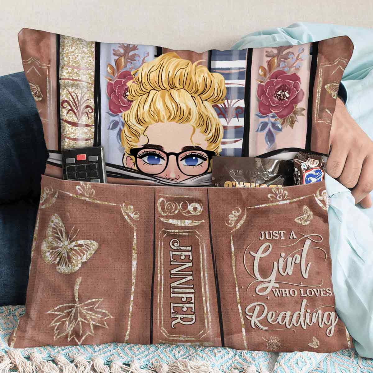 Juste une fille qui aime lire - Coussin à poche en forme de livre personnalisé