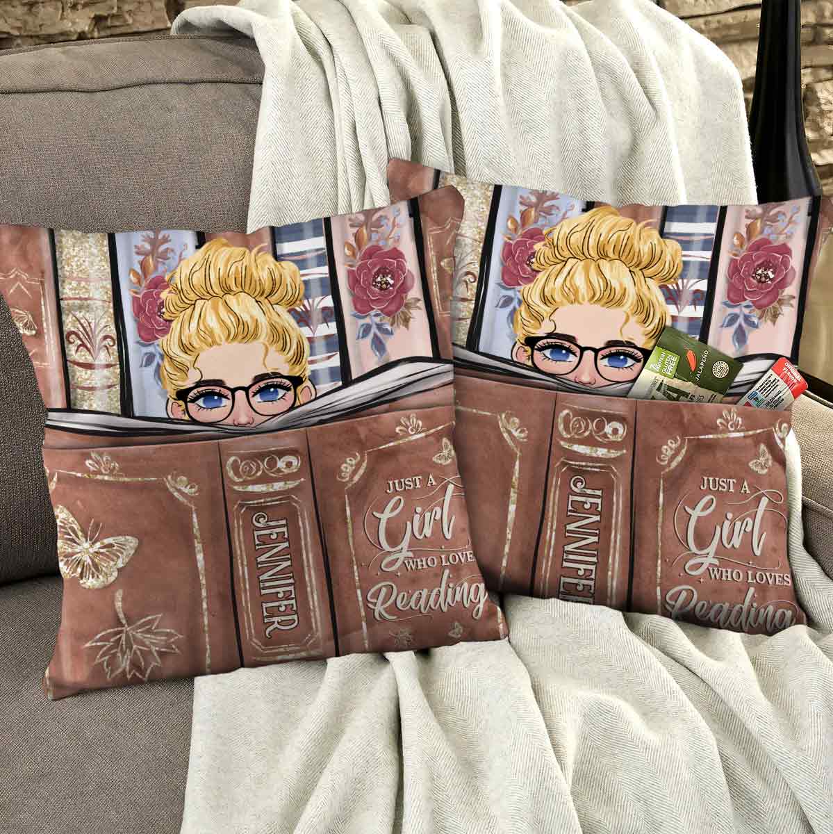Juste une fille qui aime lire - Coussin à poche en forme de livre personnalisé
