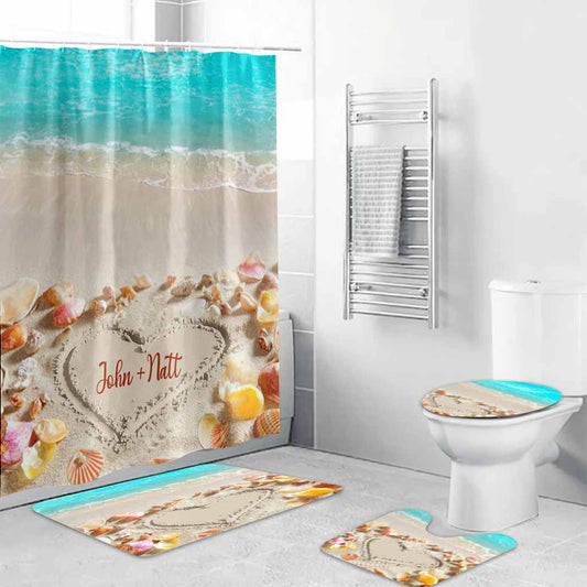 Ensemble rideau et tapis de bain personnalisés « Amour des coquillages »