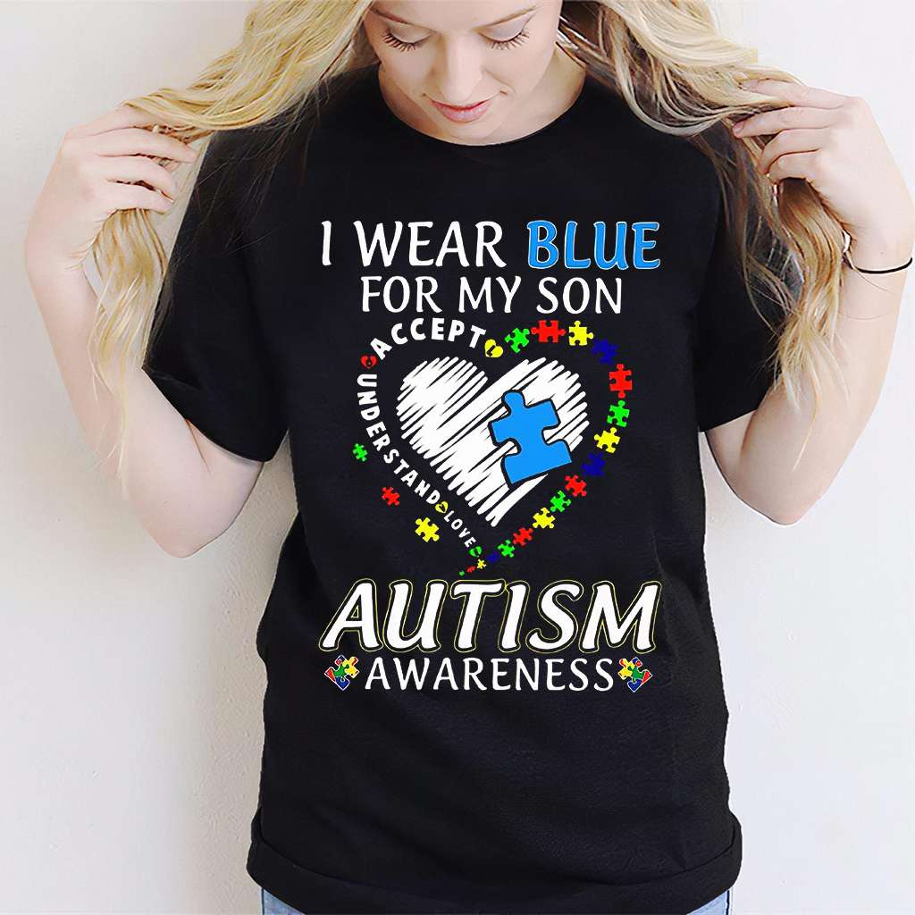 Je porte du bleu pour mon fils - T-shirt et sweat à capuche de sensibilisation à l'autisme 0921