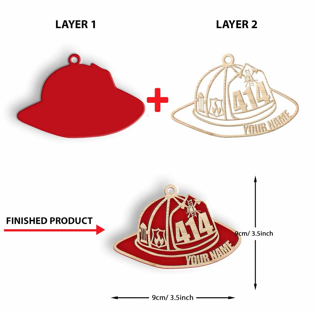 Casque de pompier - Ornement de Noël personnalisé en bois superposé - Décoration de Noël en bois superposé - Casque de pompier