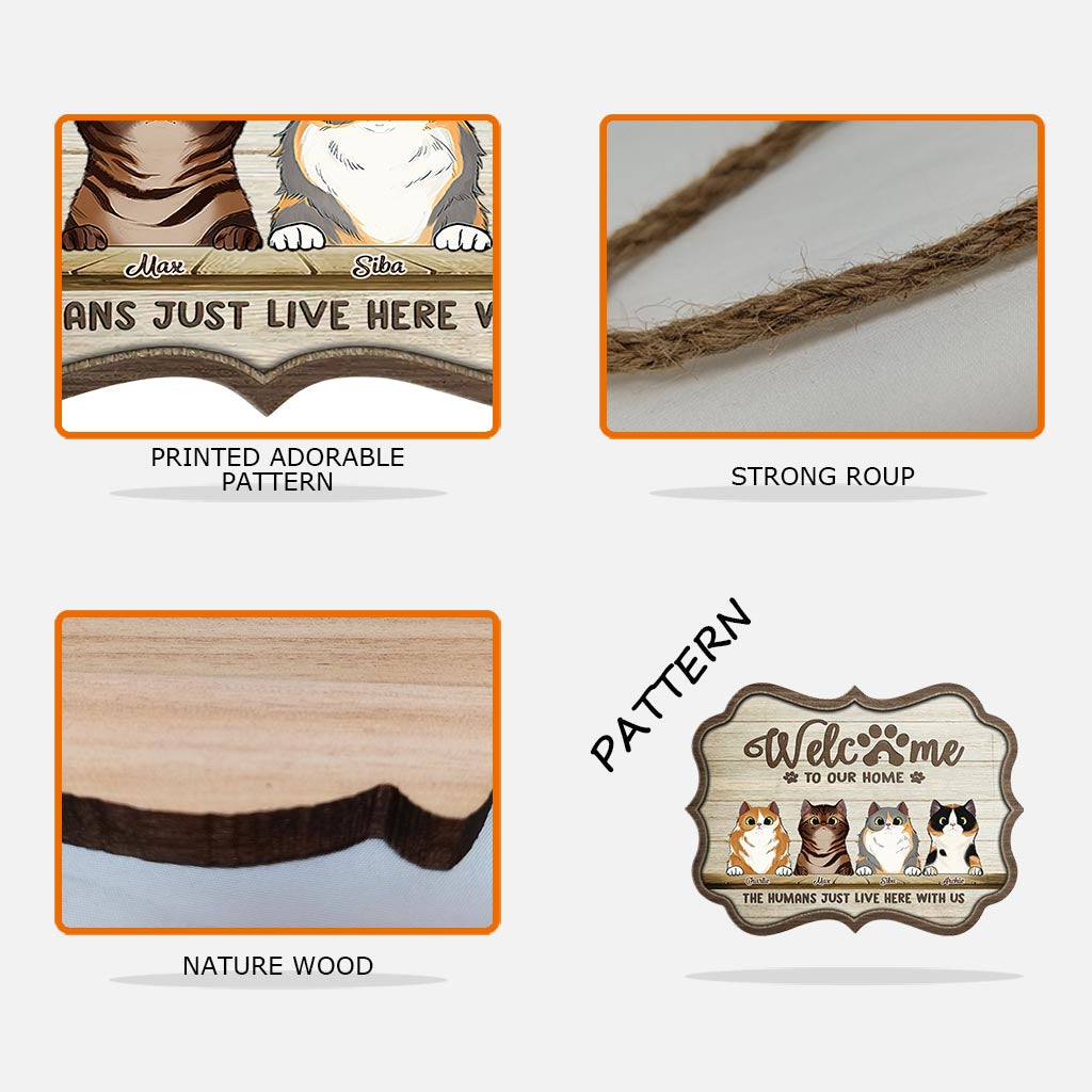 Bienvenue chez nous - Panneau en bois personnalisé avec un chat