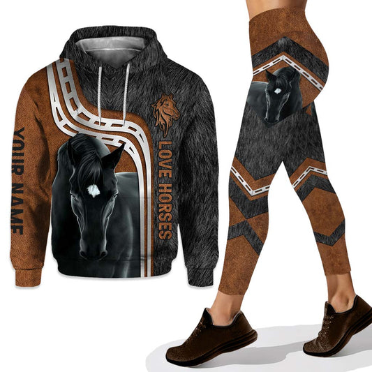 Ensemble sweat à capuche et legging personnalisés « Love Horses » avec motif imprimé en 3D