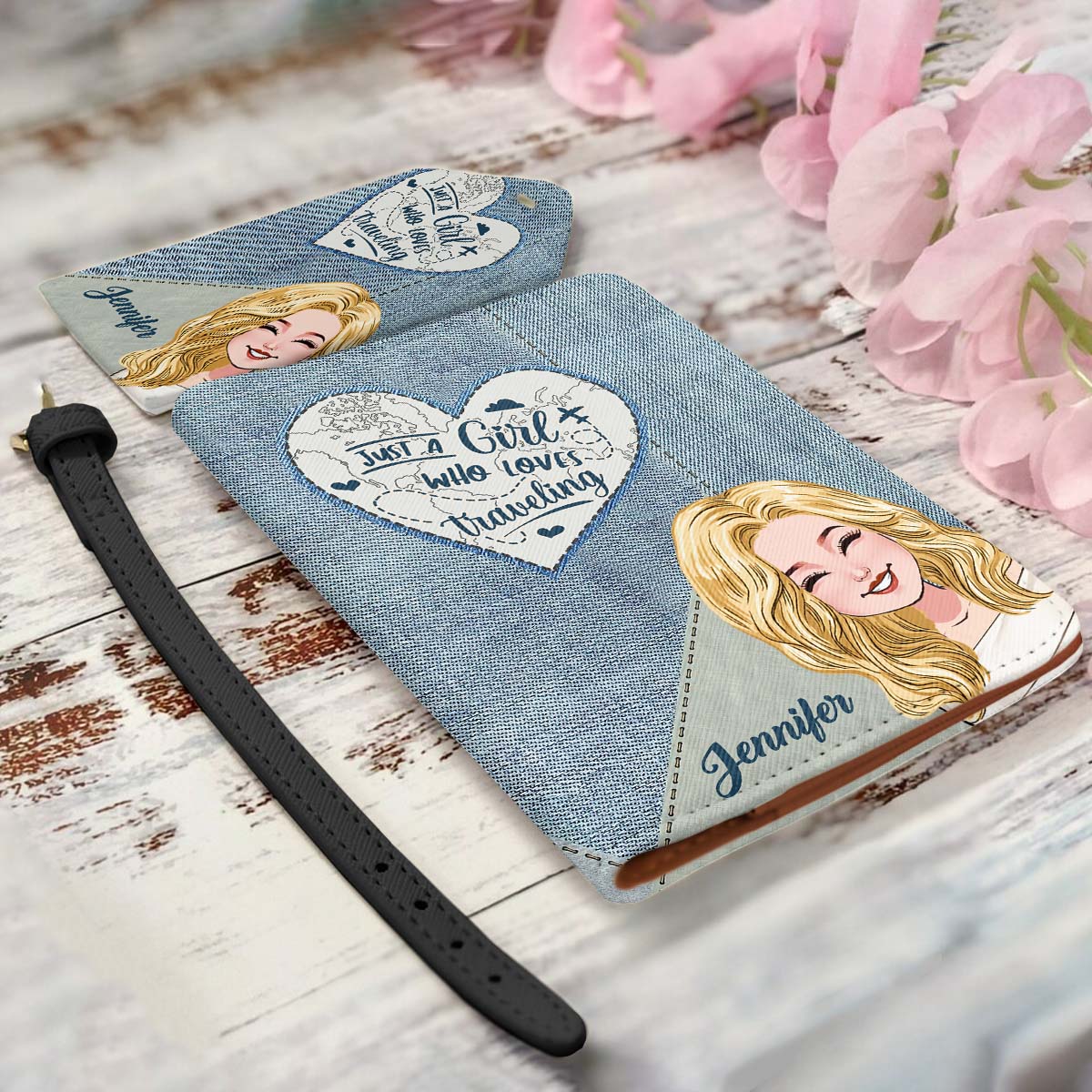 Une fille qui adore voyager - Étiquette à bagages et porte-passeport en cuir personnalisés