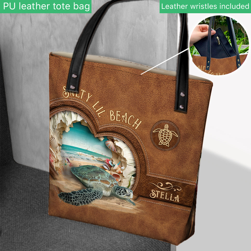 Salty Lil' Beach 3D Effect Pattern - Personalized Turtle Tote Bag