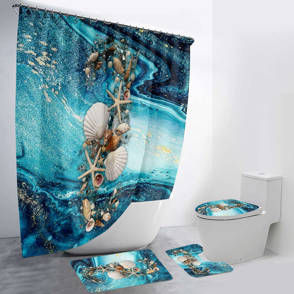 Ensemble rideau et tapis de bain à paillettes coquillage - Amoureux de la mer
